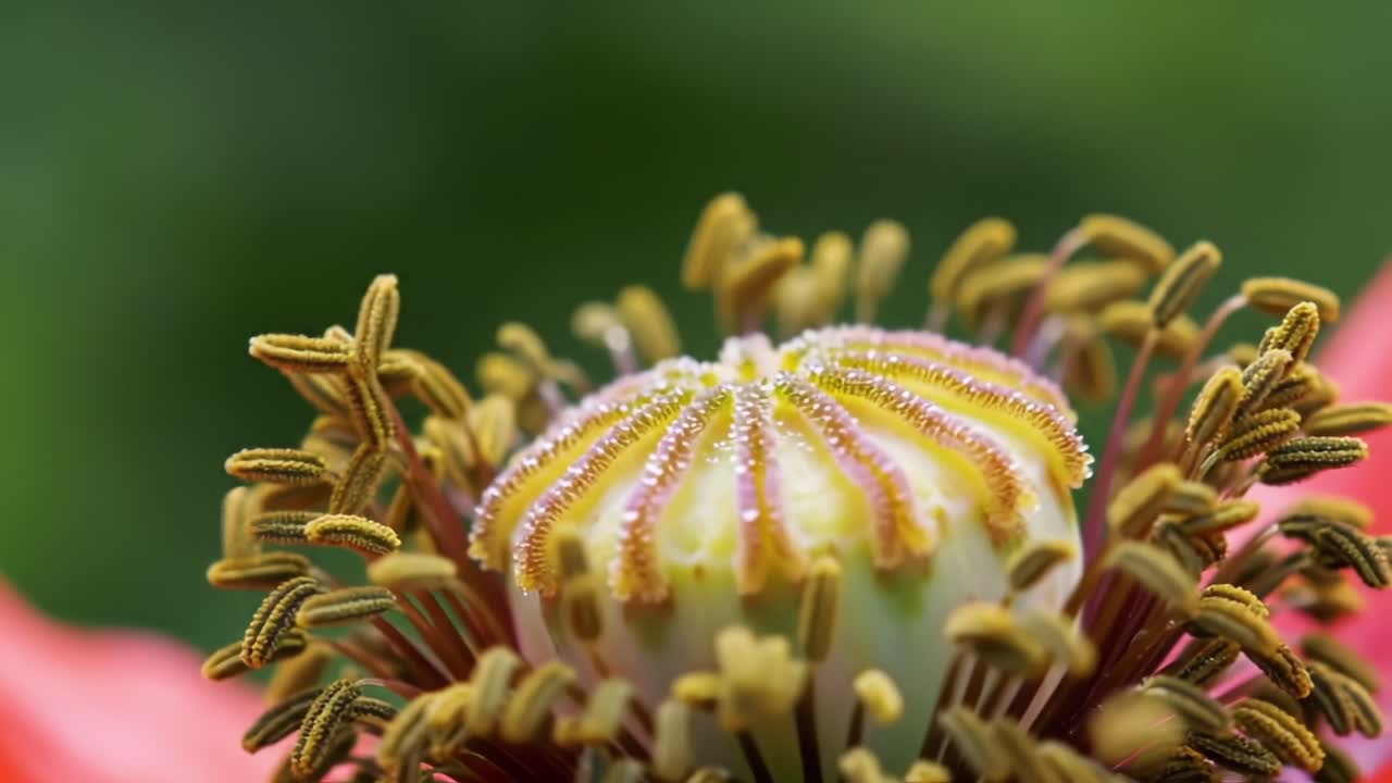 Detailed Close-up of a Flower's Center Highlighting the Intricate Patterns of Stamens and Pollen in Vibrant Colors Against a Soft Green Background