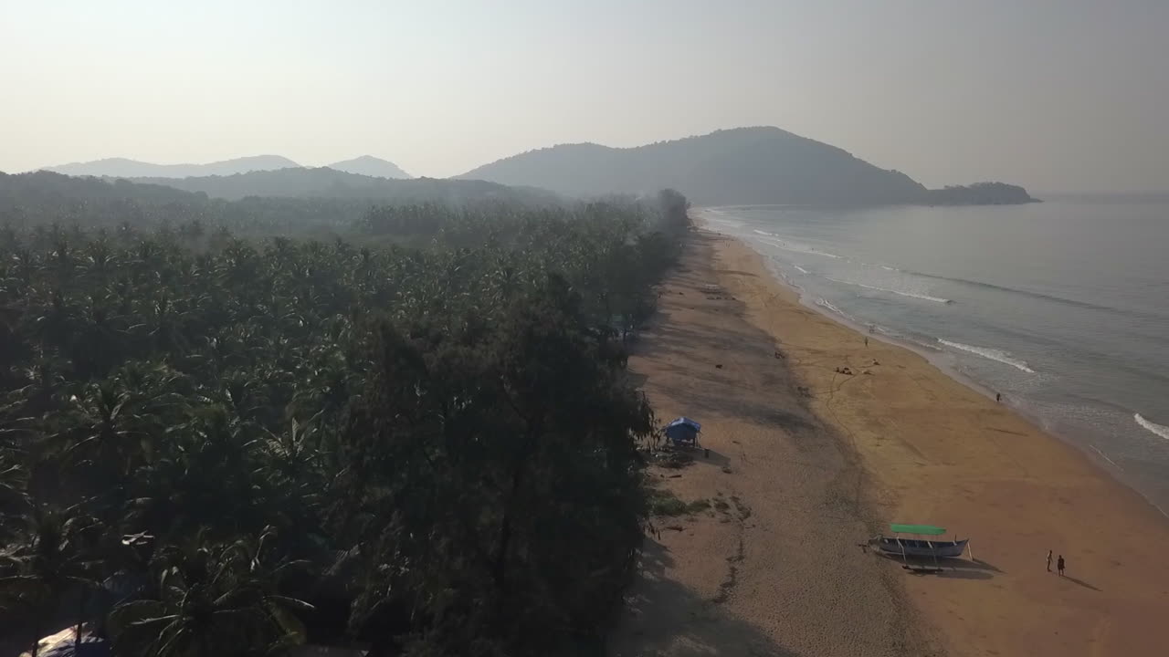 Smoky morning aerial skims palm tree tops on golden sand beach in India