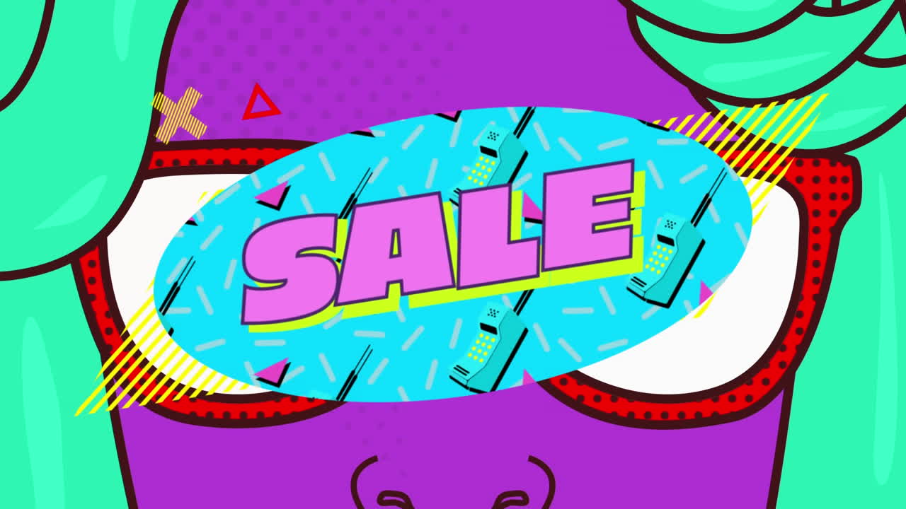 texto de venta en la cara digital con gafas de sol contra un fondo amarillo