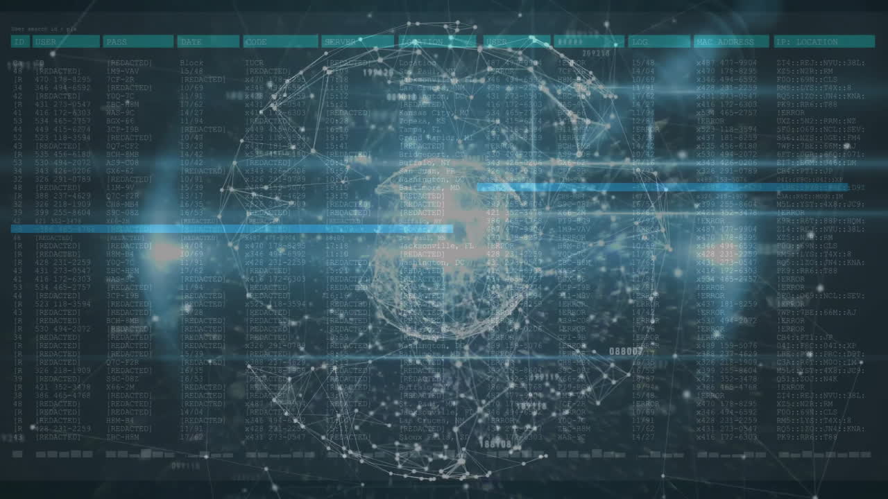 Wireframe globe network showing data panels, animating connected nodes and code streams