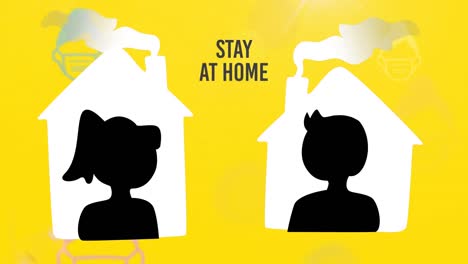 animation of silhouettes staying at home with words stay at home over people wearing masks icons