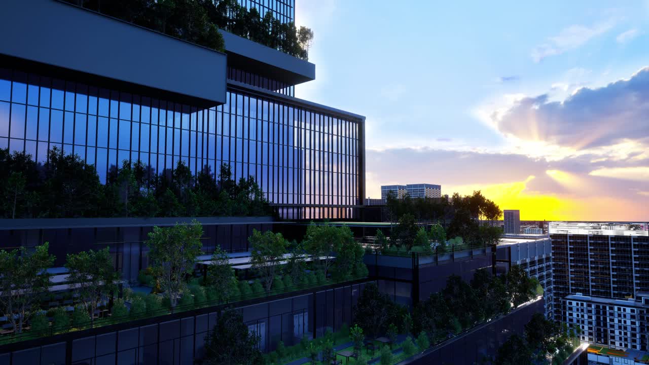 Sustainable Green Building. Eco-Friendly Building. Sustainable Glass Office Building With Tree For Reducing Carbon Dioxide. Office With Green Environment. Corporate Building Reduce Co2. Safety Glass