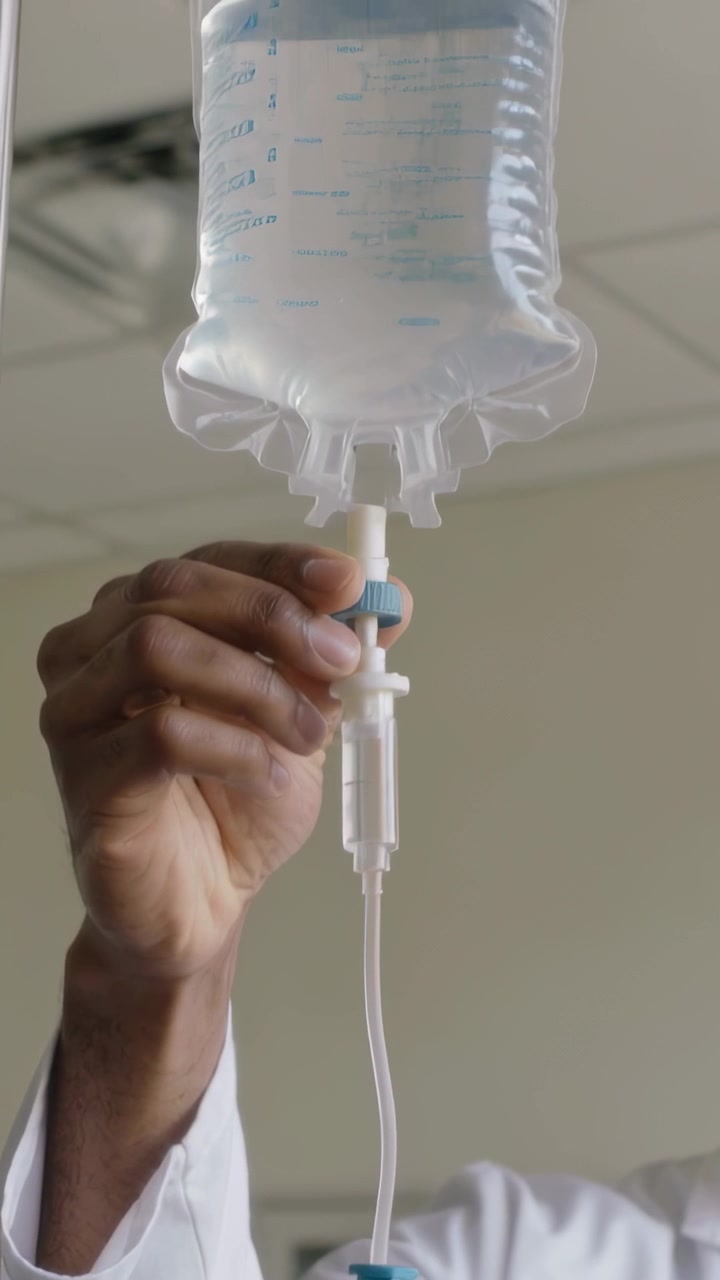 Video verticale: Allungando la mano verso l'alto, mano in camice bianco che gira una pinza blu su una porta IV in reparto, controllando la flebo