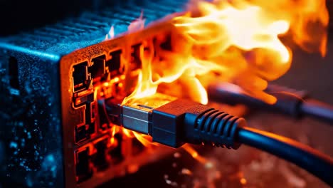 una fuente de alimentación de computadora en llamas con un cable ethernet azul conectado a ella