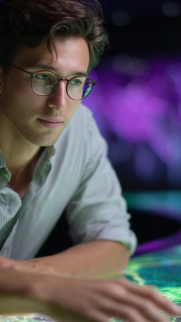 A Young Man Concentrating on Interactive Technology with Colorful Lights in a Modern Setting, Showcasing Focus and Innovation in a Digital Environment