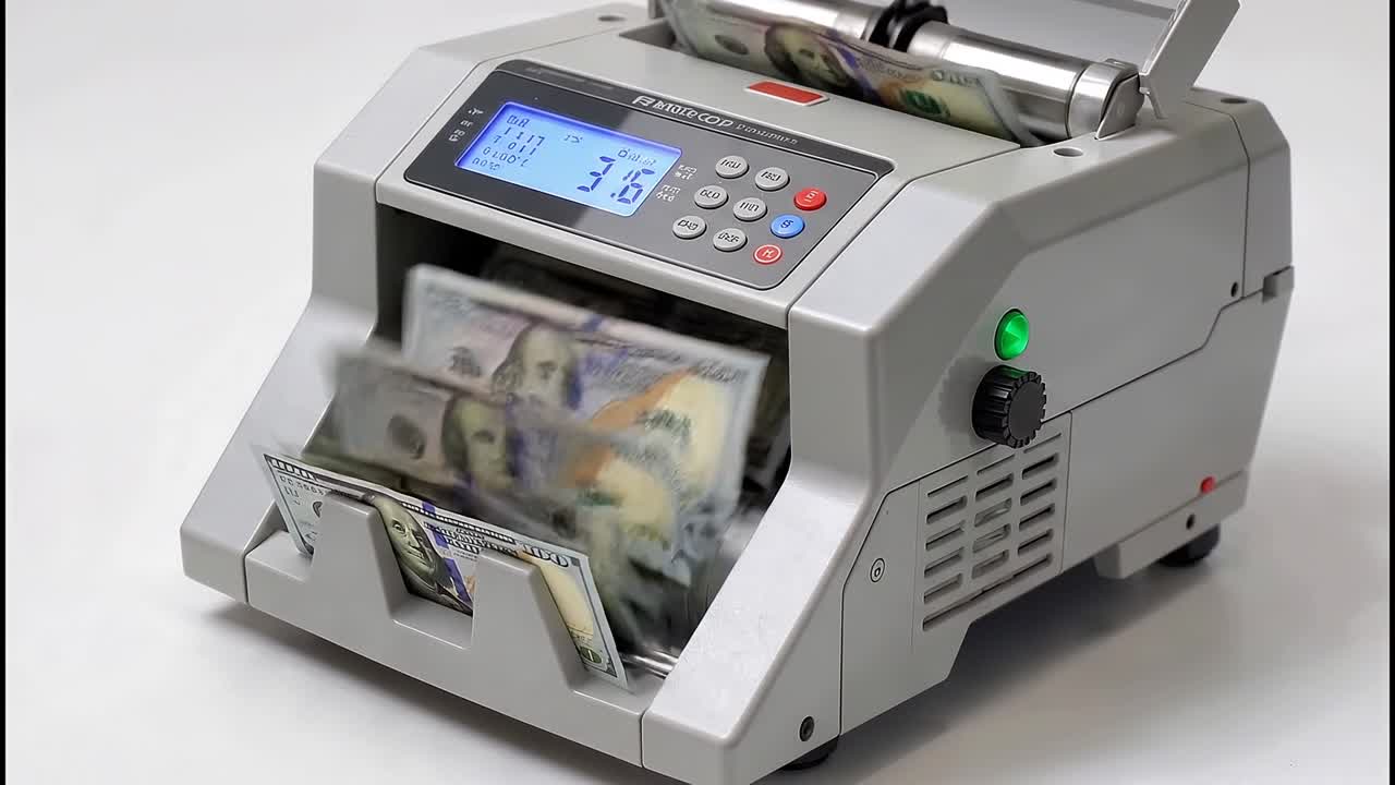 Temiz Bir Ofis Ortamında Yüz Dolarlık Banknotları İşlerken Toplamları Gösteren Elektronik Para Sayma Makinesi