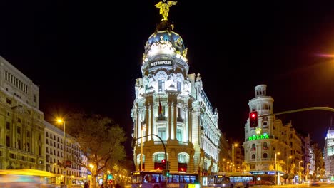 madrid night light gran via metropolis hotel view 4k time lapse spain