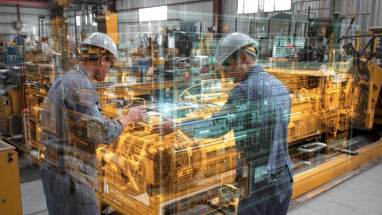 Trabajadores colaborando con equipos en una planta de fabricación de alta tecnología