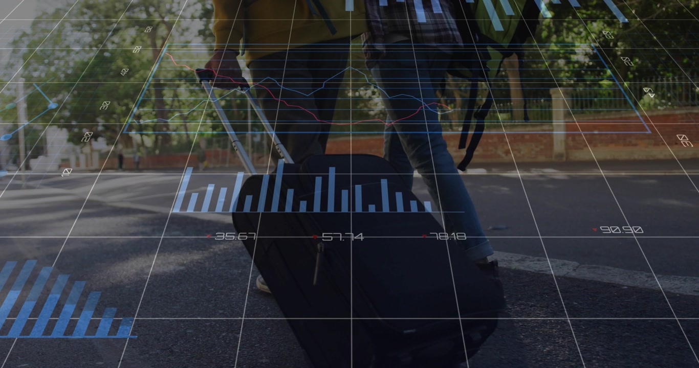 Two male companions walking tree-lined street pulling suitcase and activating scrolling tech charts