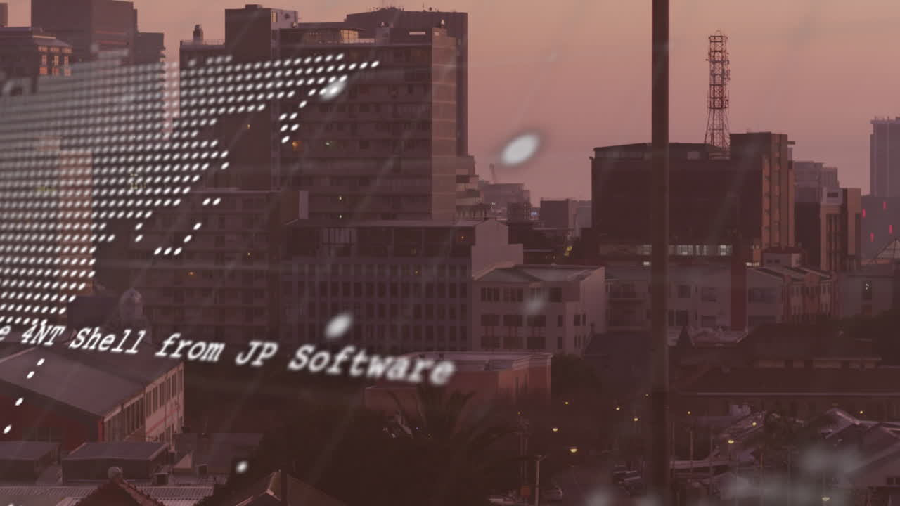 도시 풍경 위의 세계 지도 및 금융 데이터 처리의 애니메이션