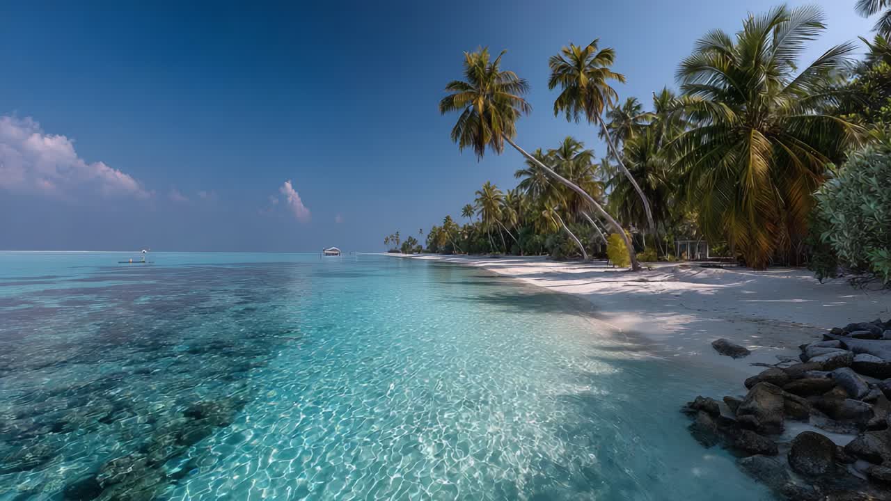 Friedliches Paradies: Ein ruhiger tropischer Strand mit kristallklarem Wasser und üppigen Palmen, die sich unter einem strahlend blauen Himmel wiegen