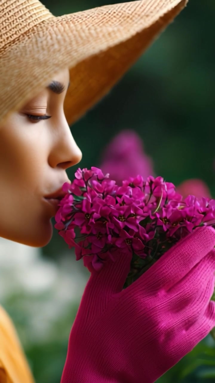 Una donna con un cappello da sole che annusa delicatamente vivaci fiori viola, catturando l'essenza della natura e la gioia del giardinaggio in una splendida cornice all'aperto.