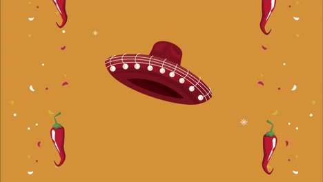 celebración de la fiesta mexicana con sombreros y chilis animación