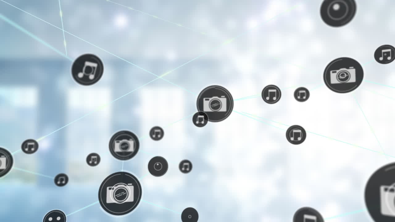 анимация икон камеры и музыки, соединенных линиями на абстрактном фоне.