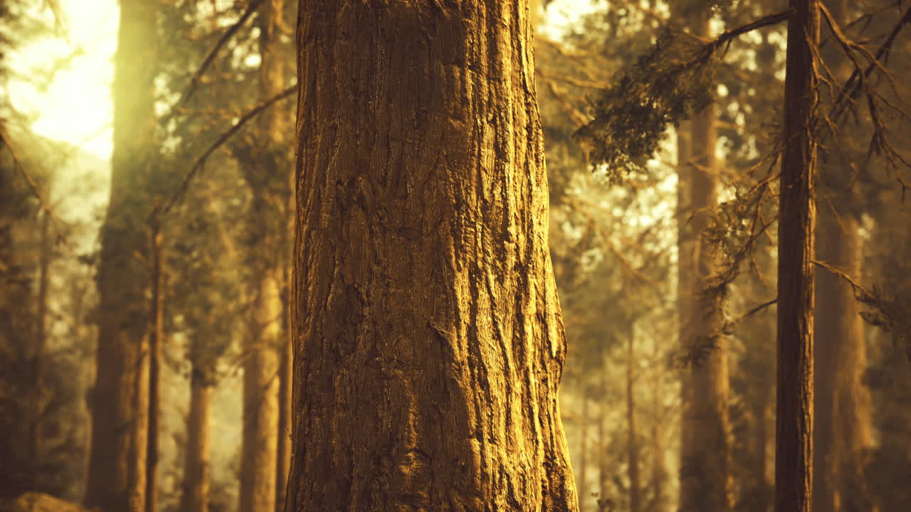 Golden sunlight illuminates tall trees in a serene forest setting