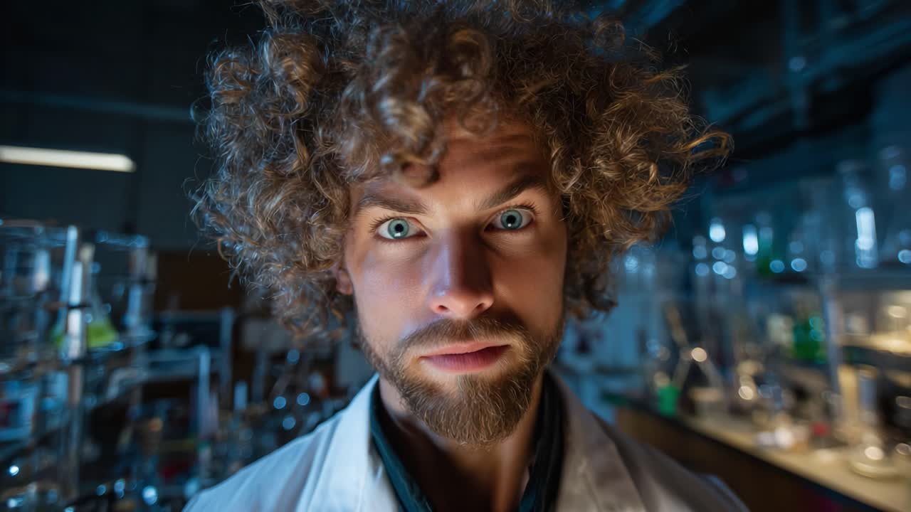 Ritratto intenso di uno scienziato in un laboratorio con un'acconciatura unica e un'espressione accattivante, circondato da attrezzature scientifiche e vetreria