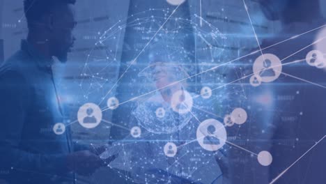 animation of network of connections and icons over two diverse business people