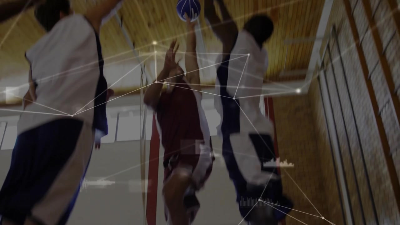 Basketball flying towards hoop in gym technology scene, displaying animated data icons with graphs