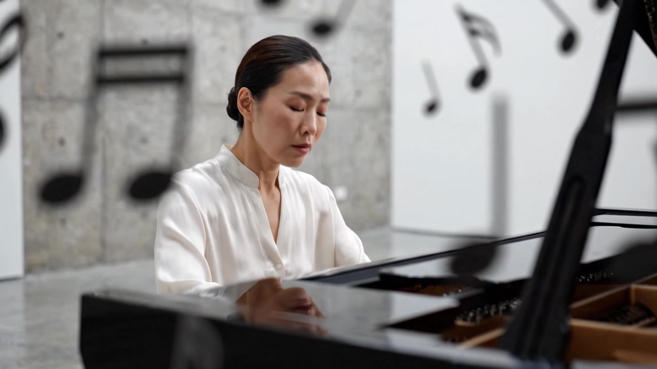 Un pianista esperto si immerge in una performance piena di sentimento, circondato da note musicali fluttuanti, creando un'atmosfera serena di creatività e passione in uno spazio moderno.