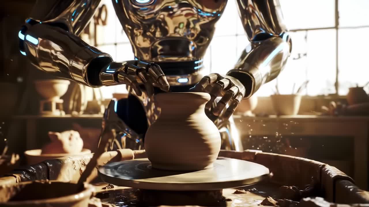 A Robotic Artisan Perfecting the Art of Pottery: A Study in Precision Craftsmanship and Futuristic Technology in a Sunlit Studio Environment