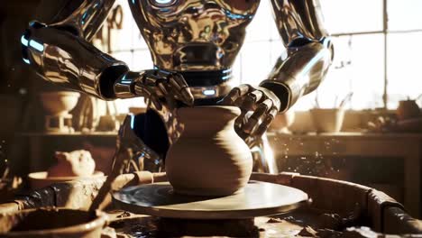 a robotic artisan perfecting the art of pottery: a study in precision craftsmanship and futuristic technology in a sunlit studio environment