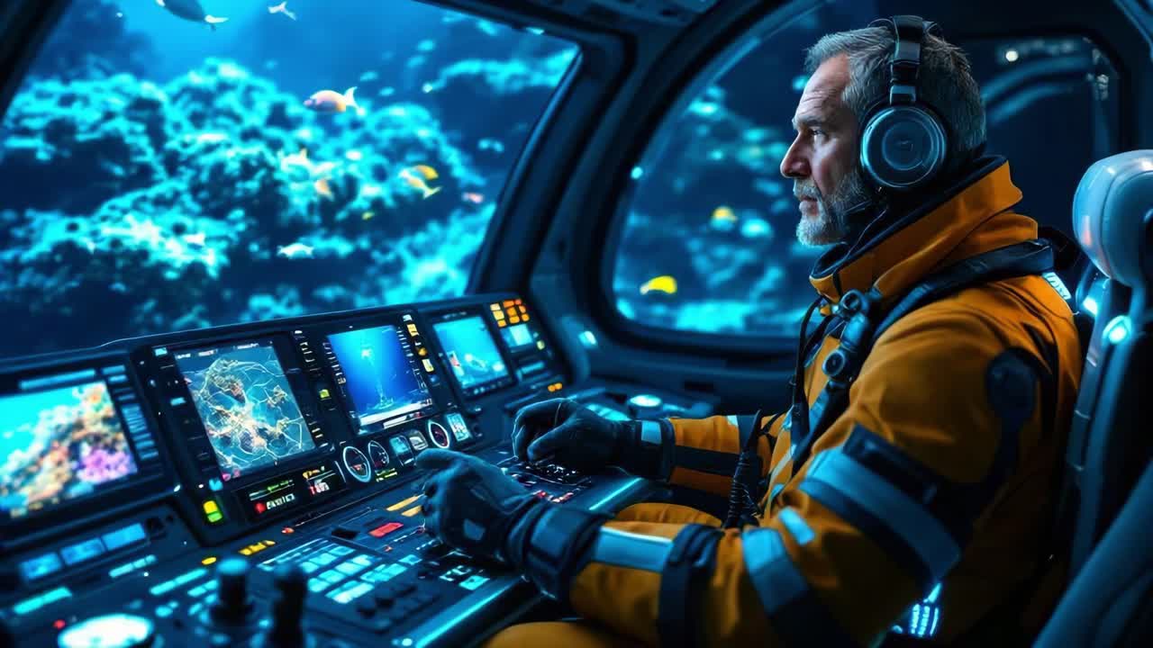 Skilled pilot navigating advanced submarine, exploring vibrant coral reefs and marine life in the deep ocean, utilizing cutting edge technology