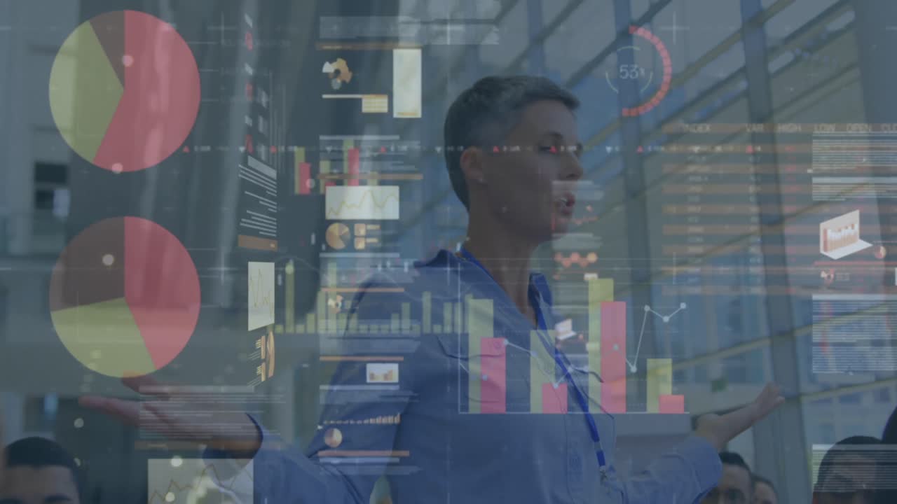 Animation of statistic processing over businessman at conference