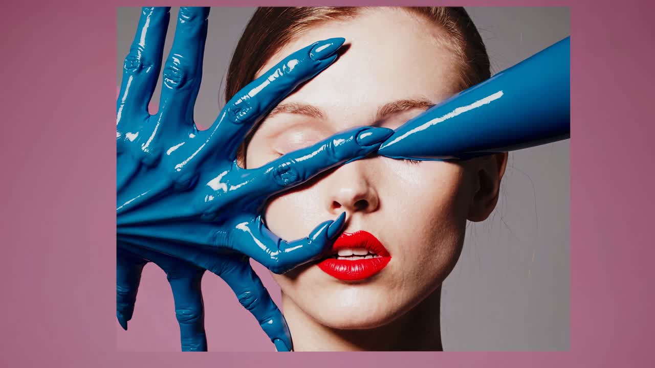 mujer con manos azules y labios rojos