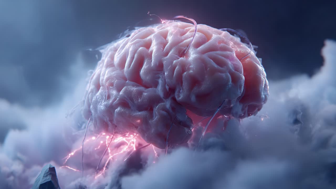 A Stunning Visual Representation of a Brain Surrounded by Mystical Clouds and Electric Energy Illuminating Its Surface in a Surreal Environment