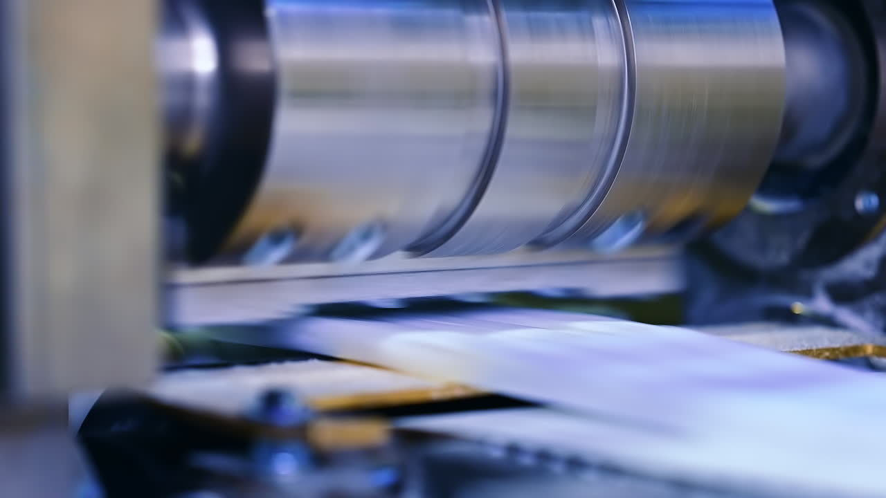 Massy metal shaft rotating over the conveyor line. Innovative technological equipment for diaper enterprise. Close up.