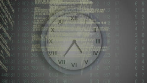 clock with roman numerals over digital data and binary coding animation