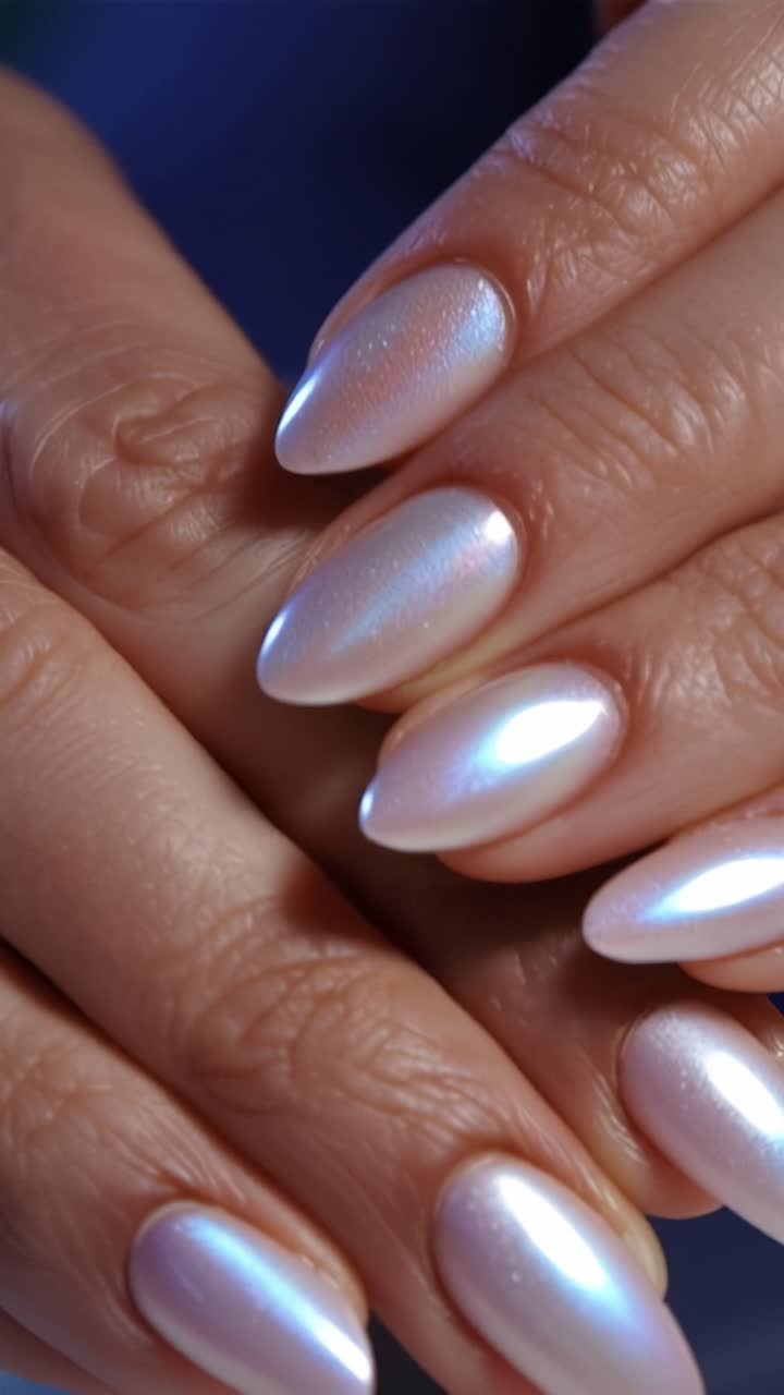 Elegantly manicured hands showcase beautifully polished nails, featuring a lustrous finish that reflects light, highlighting the care and attention given to nail art