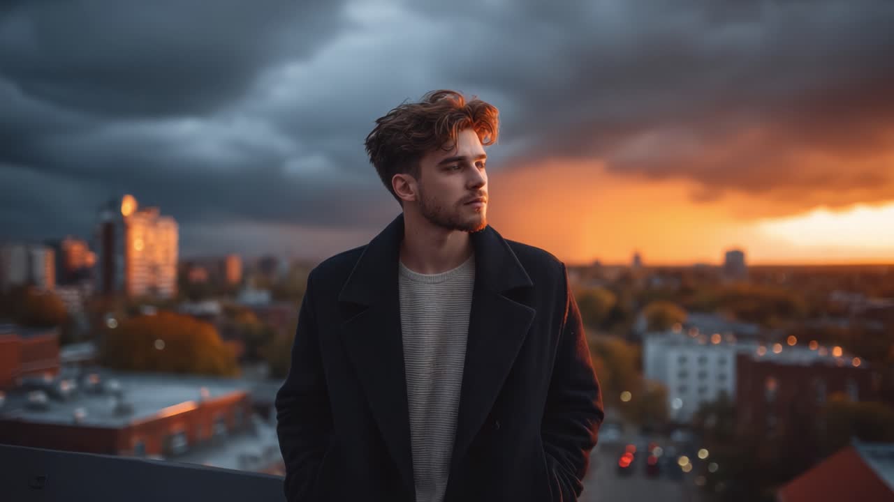 A contemplative young man gazes into the distance as a dramatic sunset casts a warm glow over an urban landscape, framed by dark clouds and the vibrant city skyline
