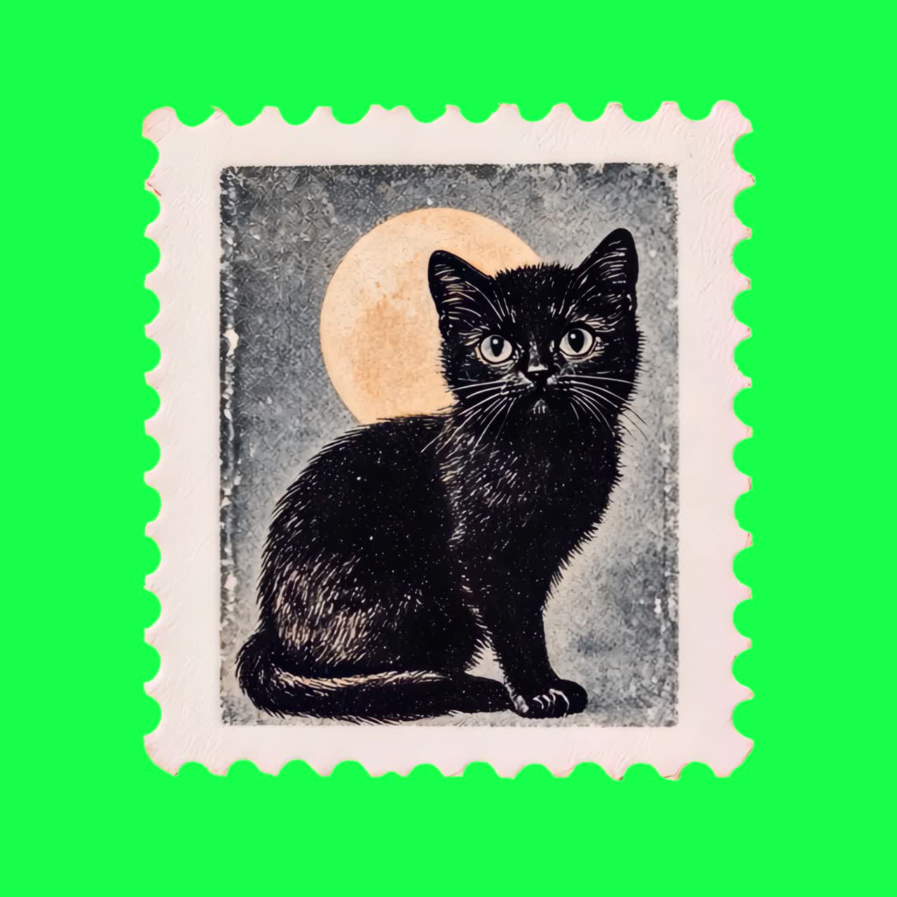 Animasi ilustrasi stempel kucing vintage, video 4K transparan, layar hijau