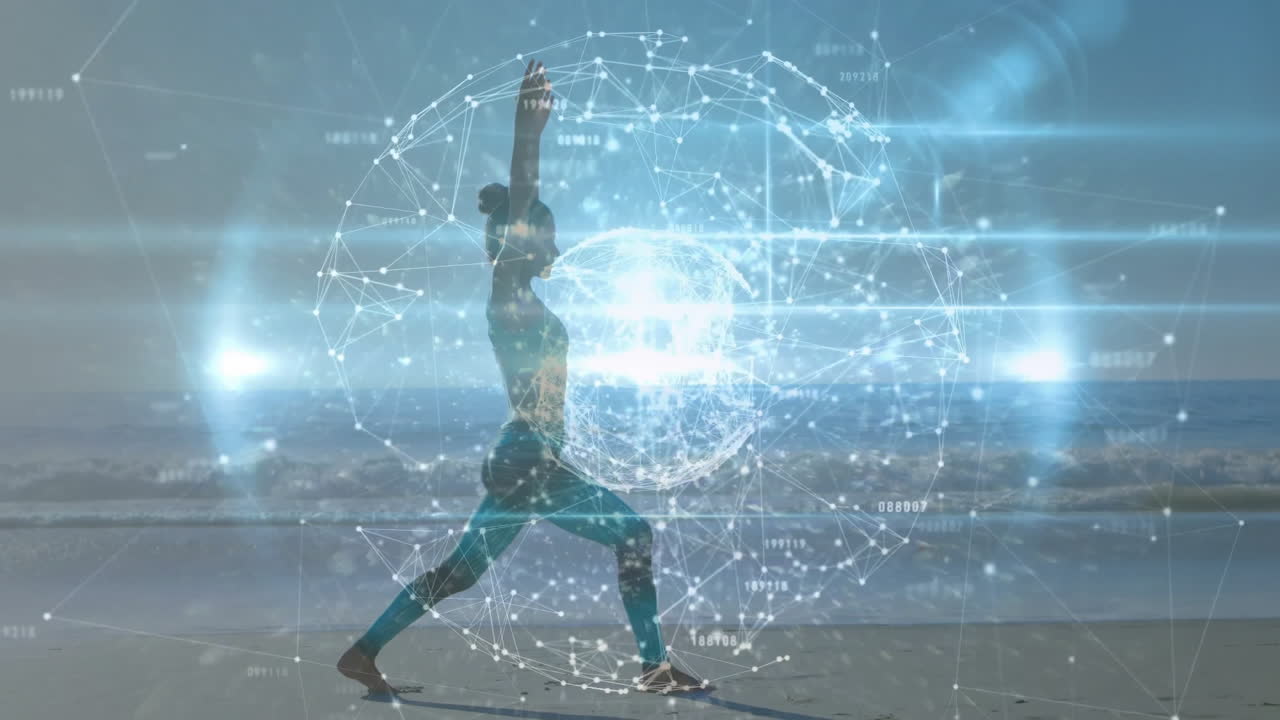 Person practicing yoga on beach with digital network animation overlay