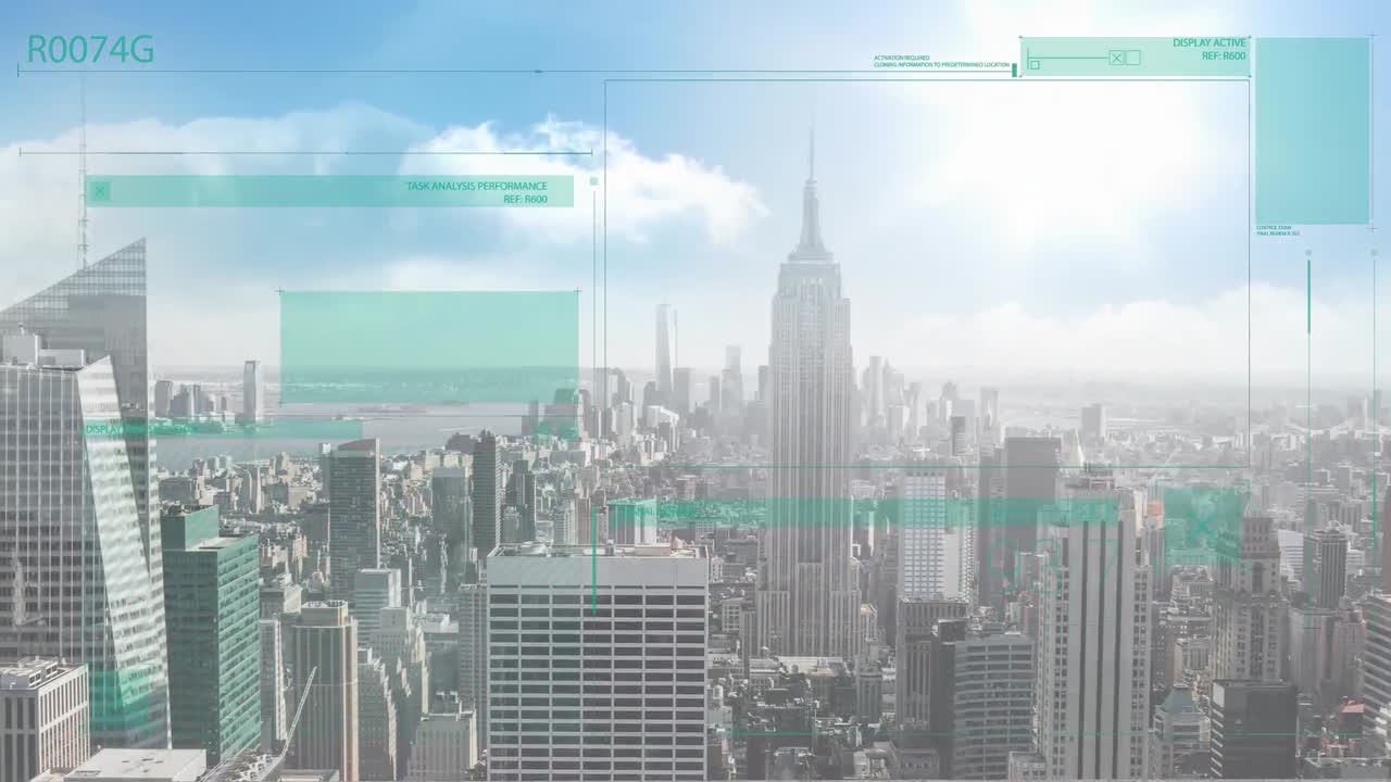 도시 풍경 위의 데이터 처리 애니메이션