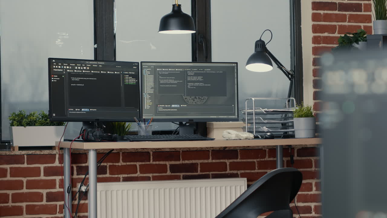 Desk with multiple computer monitors displaying parsing code and programming language compiling