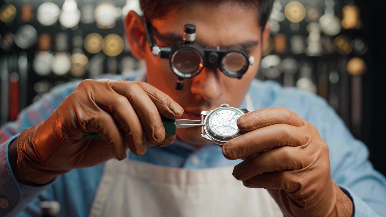 Artesanía en relojería: Un relojero experto inspecciona y repara un reloj con herramientas de precisión bajo las brillantes luces del taller.