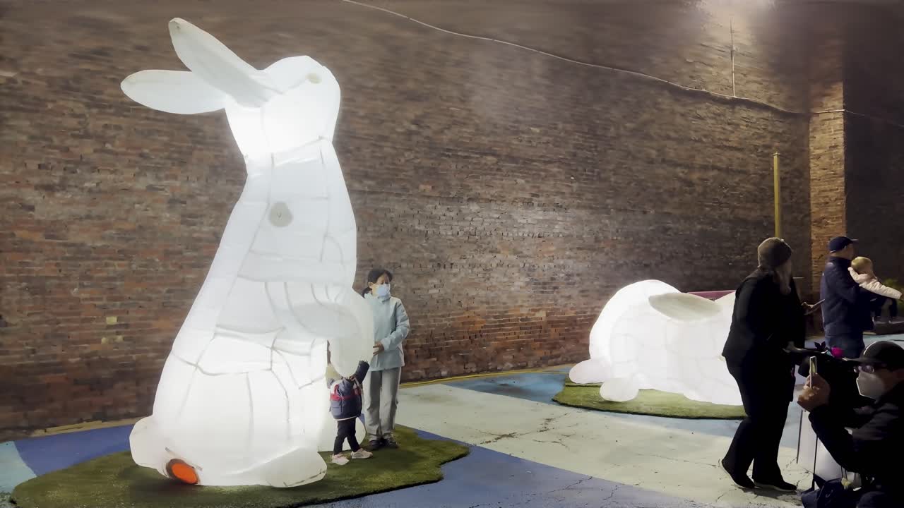 An inflatable rabbit in downtown Pittsburgh for the city's First Night celebrations. Pittsburgh downtown market square during Christmas holiday season