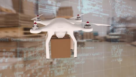 Drone-carrying-a-boxy-hovering-in-a-warehouse