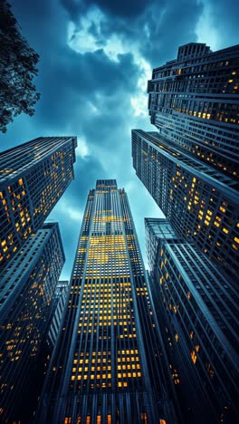 skyscrapers illuminated at dusk in an urban setting