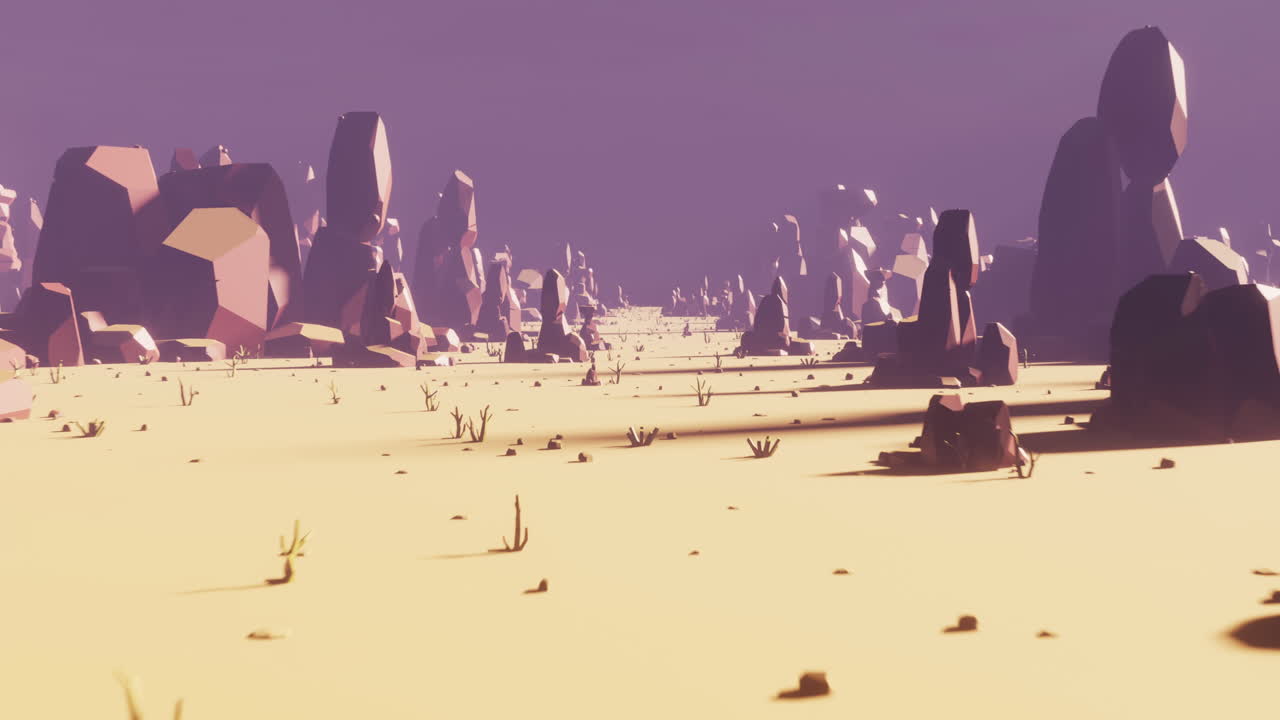 animación en bucle de rocas de dibujos animados que pasan con desierto de arena, renderización 3d.