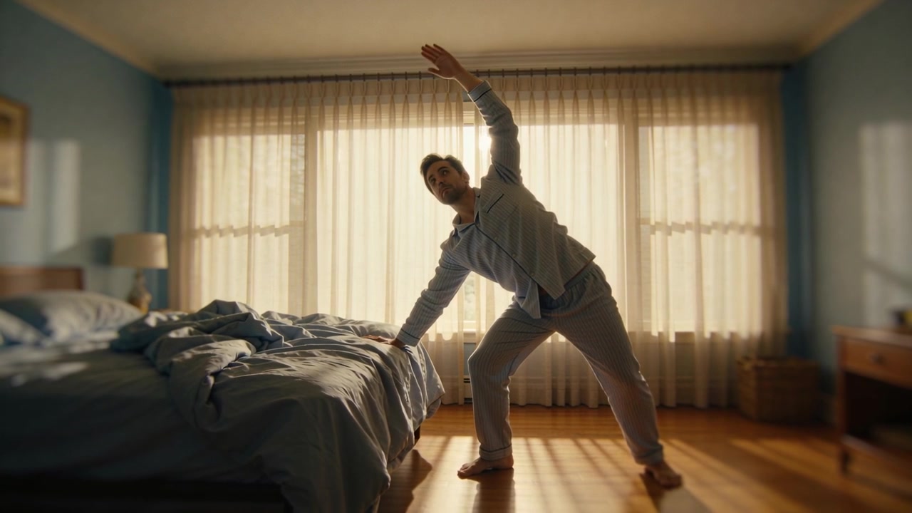 Uomo in abbigliamento da casa che fa stretching, illuminato dal sole, mentre esegue un piegamento laterale assistito accanto al letto, usando il bordo.