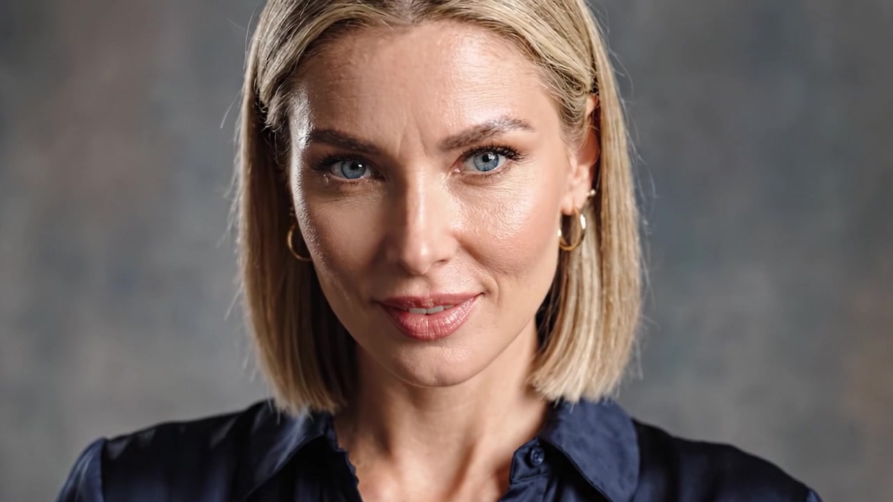 Eine selbstbewusste Frau mit leuchtend blauen Augen und kurzem blondem Haar posiert anmutig in einem stilvollen dunklen Outfit vor einem sanft verschwommenen Hintergrund