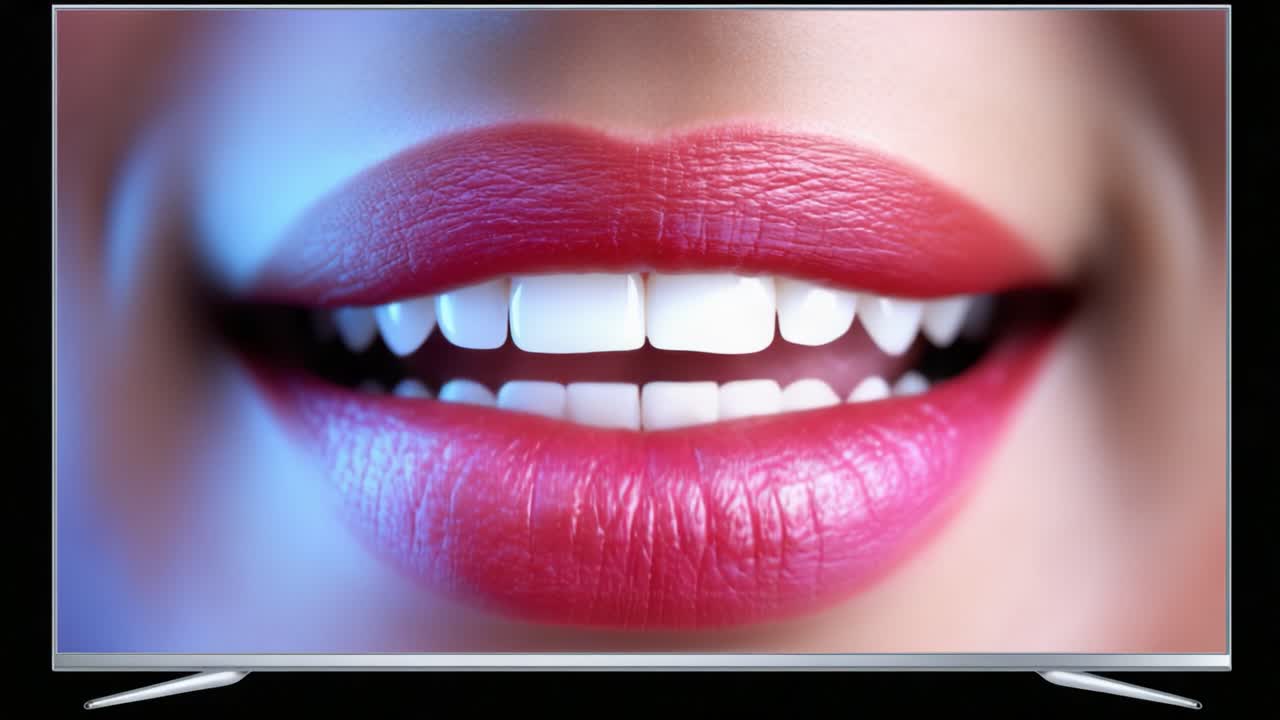 Close-Up Image of Vibrant Lips and Smiling Teeth Showcasing Beauty and Elegance with a Touch of Colorful Light Enhancements in a High-Resolution Display