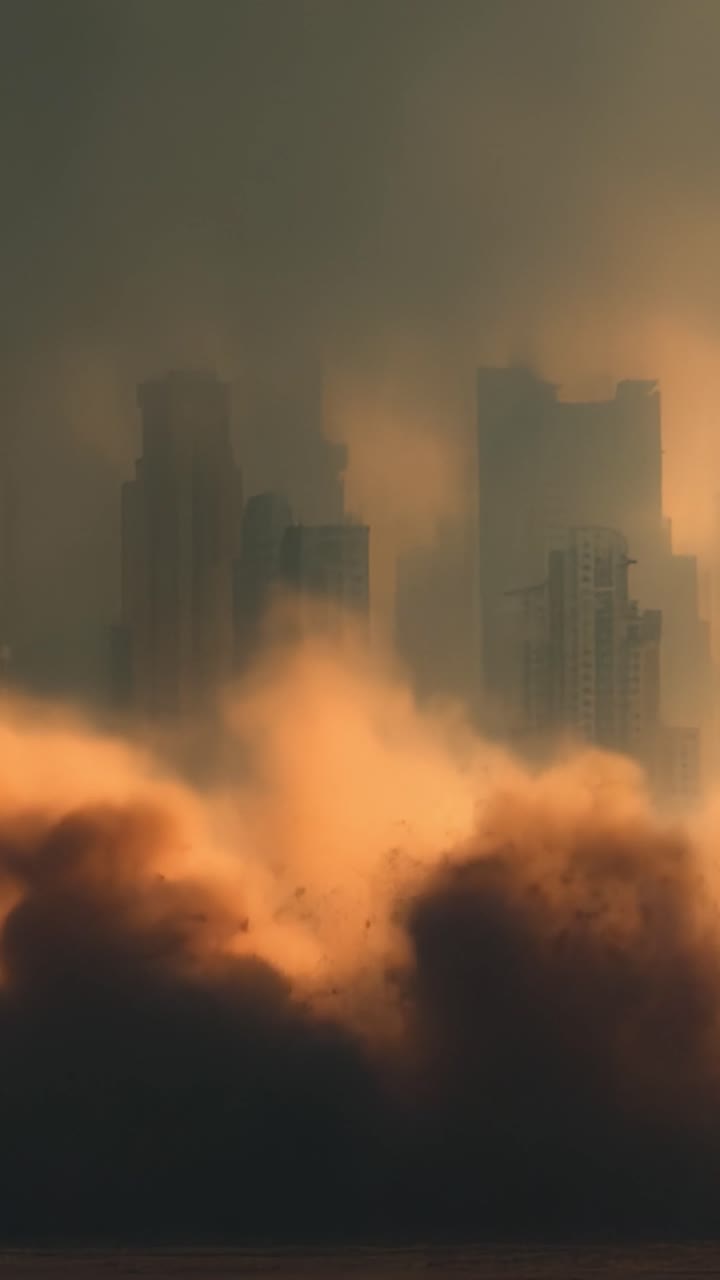 Eerie Urban Landscape: Dust and Shadows Envelop Skyscrapers, Creating a Haunting Atmosphere Amidst a Dusk Sky Filled with Movement and Mystery
