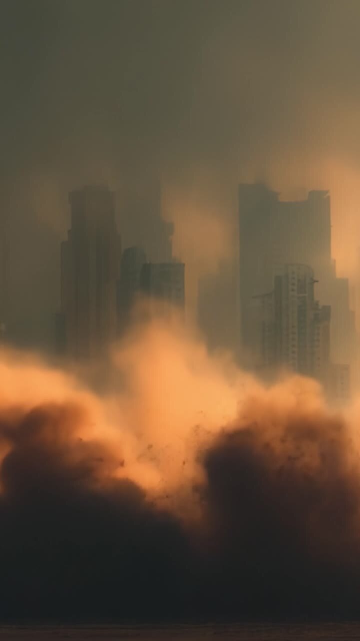 Eerie Urban Landscape: Dust and Shadows Envelop Skyscrapers, Creating a Haunting Atmosphere Amidst a Dusk Sky Filled with Movement and Mystery
