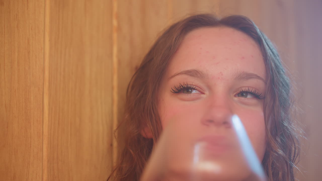 Close up of young woman toasting glass with friend while sipping red juice in wood paneled interior, soft backlight casting warm haze over wet curls and serene smile