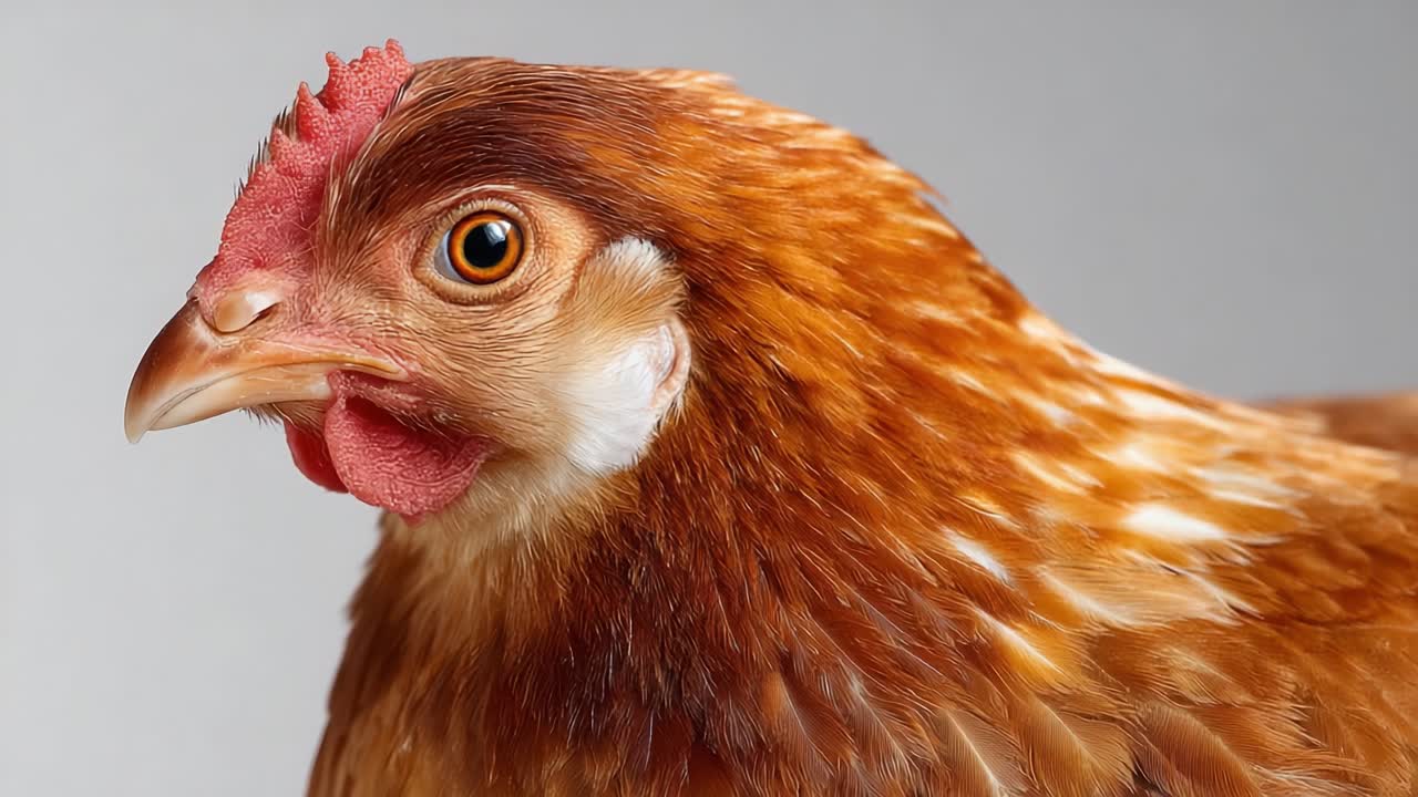 Un retrato en primer plano de una hermosa gallina que exhibe sus distintivas plumas y su expresión serena sobre un fondo neutro.