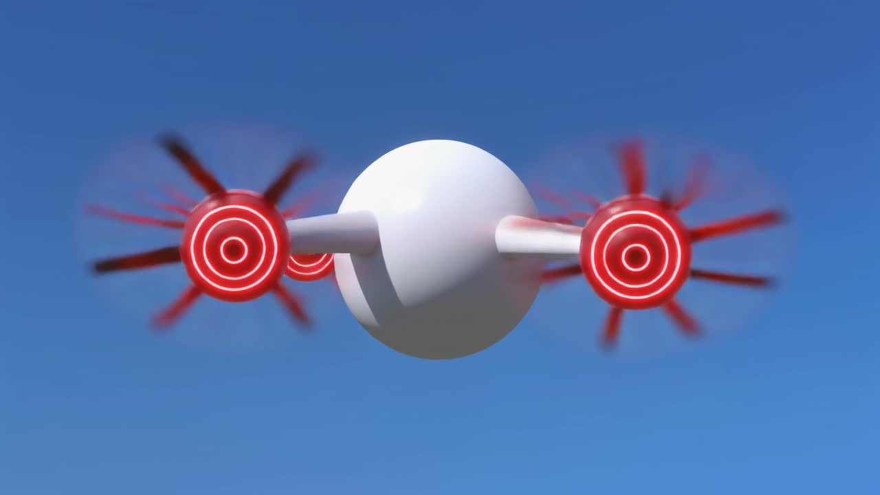 White Spherical Drone with Glowing Red Propellers Flying in Blue Sky